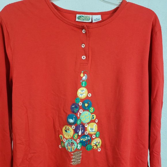 Collections Etc Women's Red Henley Christmas Tree Long Sleeve Shirt Top Blouse - Picture 2 of 11
